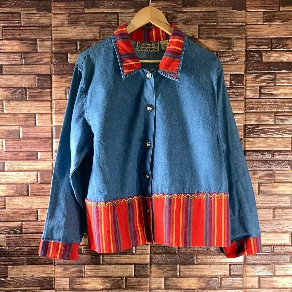 Vintage Tantrum Blues Denim Embroidered Patchwork Floral Light Jacket Large